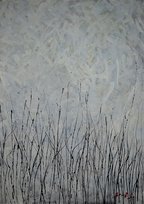 Espigas negras en fondo blanco, obra de juan francisco gonzalez en acrilico sobre lienzo, colores gris, celeste, negro, Acrylic on canvas