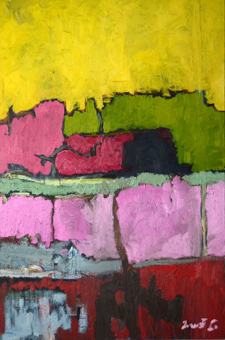 Montpellier, Obra de Juan Francisco Gonzalez en oleo sobre lienzo, colores amarillo, verde, rosa, rojo y celeste