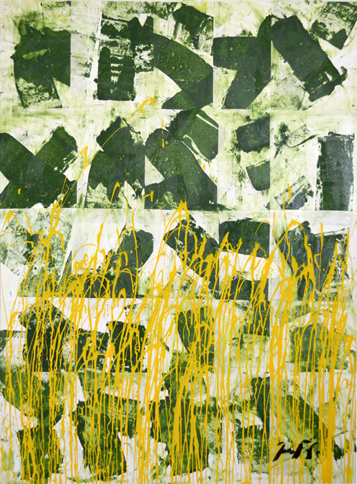 Espigas amarillas en fondo verde, obra de juan francisco gonzalez en acrilico sobre lienzo, colores verde, amarillo, Acrylic on canvas